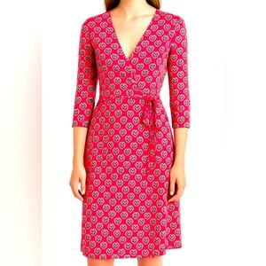 Pink Wrap Dress Size Large w/ Navy White Flower Pattern Like New